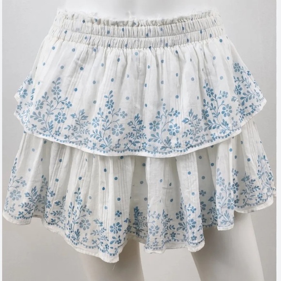 LoveShackFancy Ruffle Mini Skirt Ivory Blue Floral Size Medium - Picture 1 of 11